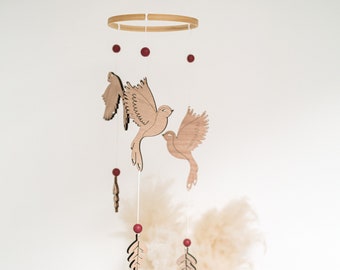 Mobile baby decorative wooden flight - birds and pearls to decorate the children's room