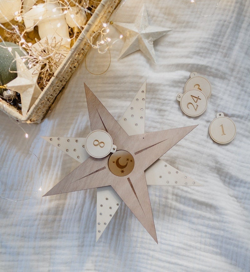 Calendrier de L'avent en Bois - Étoile Décorative, Décoration Noël
