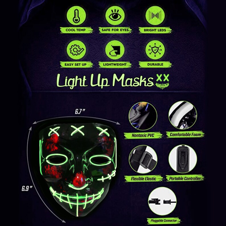 Halloween Light Up Mask Sinister Stitched LED Lighted Costume Mask Halloween, EDM, Cosplay, Rave, Party, Movie