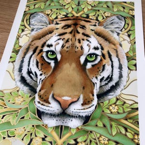 Hand embellished fine art print. Animal painting of a tiger in an art nouveau motif. Beautiful giclee print for wall decoration.