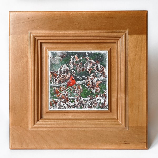 Red Cardinal in Snow Photo, Winter Red Bird, Handmade Photo on Reclaimed Cabinet Door, Framed Winter Photo, Asheville North Carolina