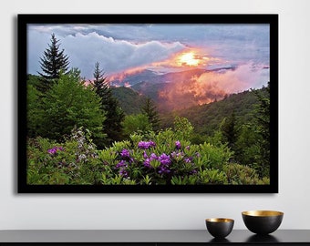 Blue Ridge Parkway Photo Print, Smoky Mountains Landscape, Appalachian Mountains, Wild Rhododendrons at Sunset, Asheville North Carolina