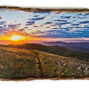 May include: A landscape print on a wooden slab depicts a vibrant sunset over rolling hills. The sky transitions from orange to blue, with a path winding through a field of wildflowers. The rustic edge of the wood adds a natural touch.