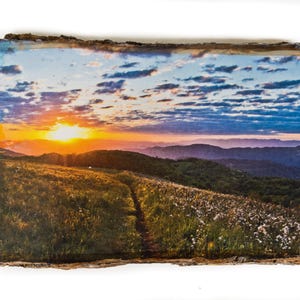 Great Smoky Mountains Photo, Max Patch Sunrise, North Carolina, Handmade Photo on Live Edge Basswood, Appalachian Trail, Rustic Wall Art