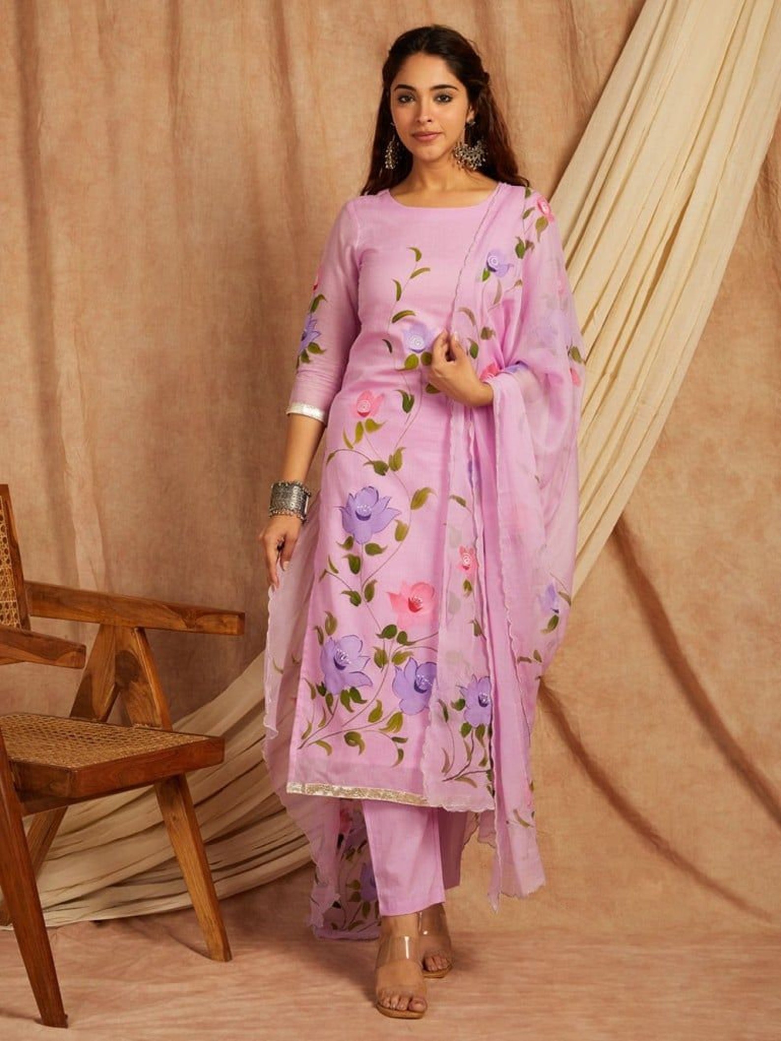 Hand-painted Cotton Straight Kurta Pant Set With Hand-painted Dupatta 