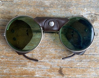 Vintage Safety Glasses, Leather Shields, Tinted Lenses, Steampunk Goggles
