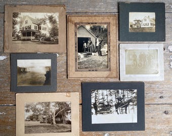 Set of 7 Antique Black & White Photographs on Board  | Vintage American Photo Lot