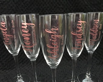 Bridal champagne flutes, personalised champagne flutes, rose gold champagne flutes, wedding party gifts