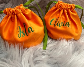 Personalised Halloween Treat Bags, Personalised pumpkin Bags, orange Bag, Velvet Treat Bag, Halloween Gift