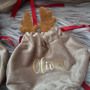 May include: Tan velvet gift bag with gold lettering that reads "Olivia". The bag is adorned with brown reindeer antlers and red ribbon. The bag is closed with a drawstring.