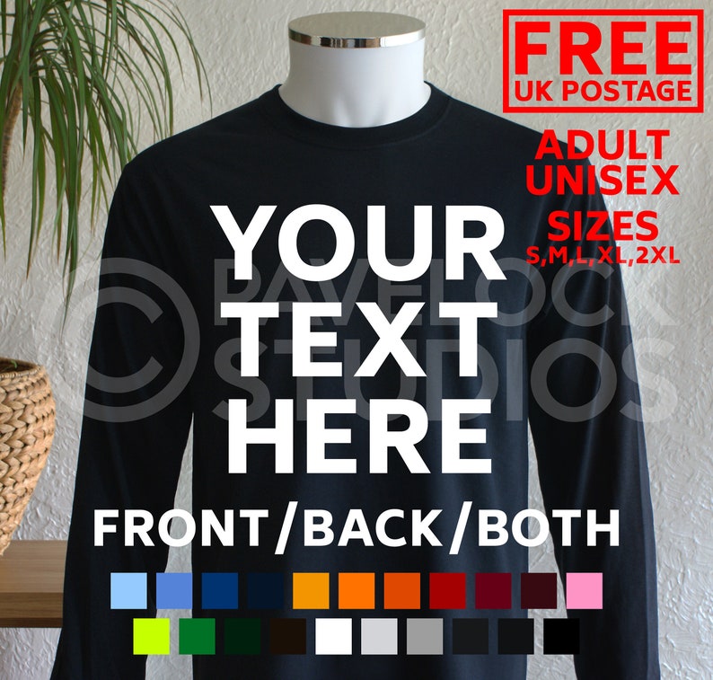 Personalised Long Sleeve T-Shirt Custom Design Your Own Printed T Shirts T-Shirts Text Stag Hen Nights Party Holiday Gift 