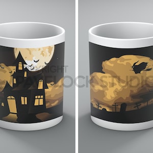Halloween Mug Mugs Haunted House Bats Moon Witch Witches Broomstick Ghost Ghosts