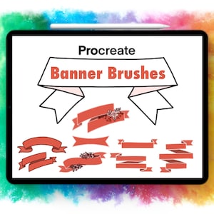Puede incluir: Una ilustración digital de una pantalla de la aplicación Procreate que muestra un conjunto de pinceles de banner. Los pinceles son rojos y tienen una variedad de formas y tamaños. El texto "Procreate Banner Brushes" se muestra en la parte superior de la pantalla.