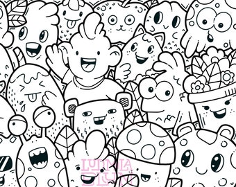 Doodle Monster Ausmalbilder - ausdrucken - ausmalen. Malbuch / Ausmalseite / Doodle zum Ausmalen, Monter ausmalen, Kawaii, kolorieren