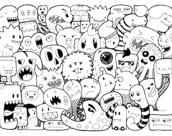 Doodle Monster Ausmalbilder - ausdrucken - ausmalen. Malbuch / Ausmalseite / Doodle zum Ausmalen, Monter ausmalen, Kawaii, kolorieren