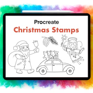 Könnte beinhalten: Schwarz-weiße Linienzeichnungen von Weihnachtsmotiven für Procreate. Die Stempel zeigen den Weihnachtsmann mit einem Sack voller Geschenke, einen Weihnachtsbaum, ein Auto mit einem Weihnachtsbaum auf dem Dach und einen Engel mit einem Stern.