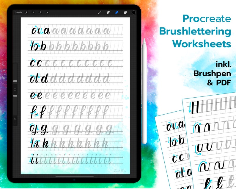 Procreate Brushlettering Guide digital lettern lernen, Procreate Lettering Übungen, Brush und PDF, Procreate Lettering Vorlagen Bild 1