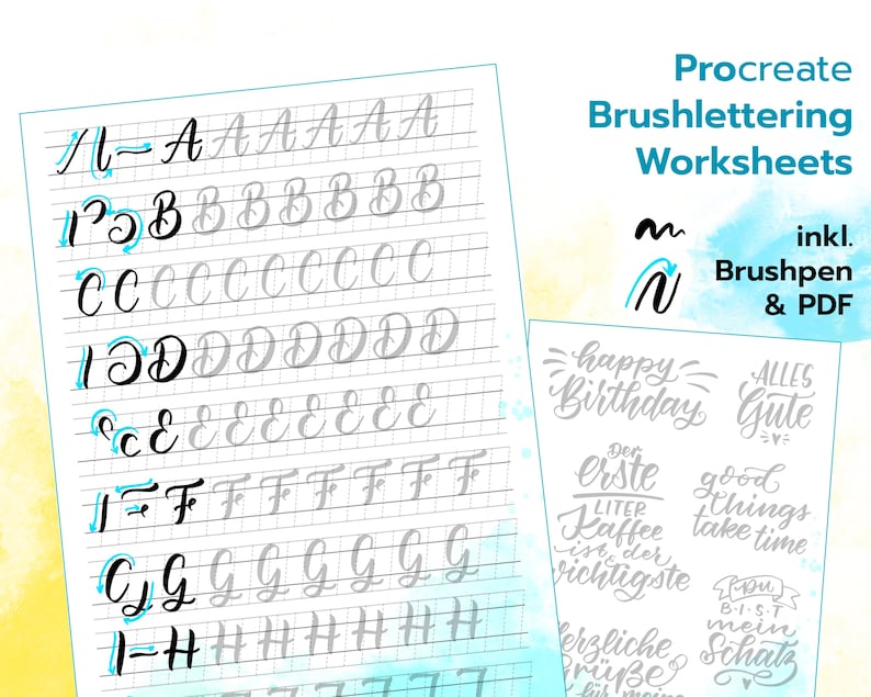 Procreate Brushlettering Guide digital lettern lernen, Procreate Lettering Übungen, Brush und PDF, Procreate Lettering Vorlagen Bild 3