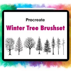 Könnte beinhalten: Ein digitaler Tablet-Bildschirm zeigt den Text "Procreate Winter Tree Brushset" in rosa Schrift. Der Bildschirm zeigt eine Reihe von acht Schwarzweiß-Illustrationen von Winterbäumen.