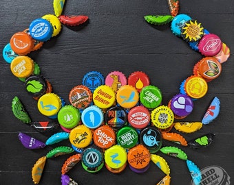 Tropical Beer Bottle Cap Crab on Black Wood