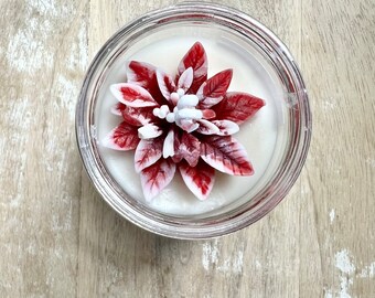 Christmas Holiday Frosted Poinsettia Candle - 8oz Jar - Soy Blend Candle - Great Gift