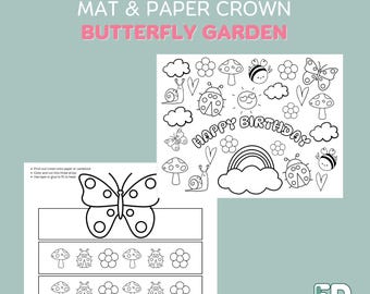 Printable Ladybug and Butterfly Coloring Sheet Placemat and Paper Crown, Digital Download Garden Birthday Craft