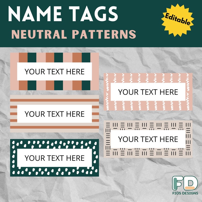 Neutral Subject Tag Neutral Pattern Editable Name Tags, Printable, Easy Classroom ...