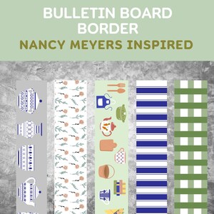 Könnte beinhalten: Fünf verschiedene Musterstreifen für einen Pinnwandrand, inspiriert von Nancy Meyers. Die Streifen zeigen ein blaues und weißes Teekannenmuster, einen weißen Hintergrund mit grünen und rosa Blütenzweigen, einen grünen Hintergrund mit einer Teekanne, ein blaues und weißes Streifenmuster und ein grünes und weißes Karomuster.