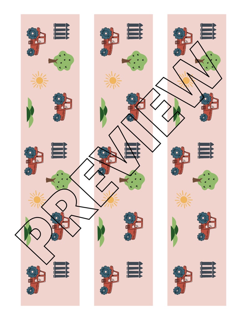 May include: Three vertical strips of pink fabric with a repeating pattern of red tractors, green trees, yellow suns, and gray fences.