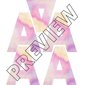 May include: Three white letters, "AVA", are stacked on top of each other. The letters are outlined in black and filled with a watercolor design of pink, purple, and yellow.