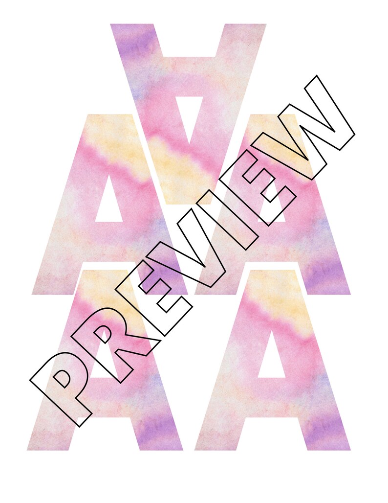 May include: Three white letters, "AVA", are stacked on top of each other. The letters are outlined in black and filled with a watercolor design of pink, purple, and yellow.