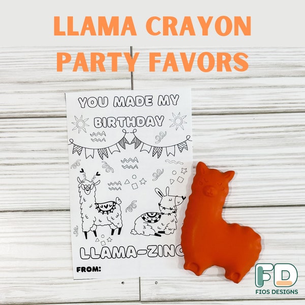 Llama Crayon Party Favor, Fiesta Llama Coloring Sheet Thank You, Llama Themed Party, Fiesta, 4x6 coloring sheet, Crayola Crayon