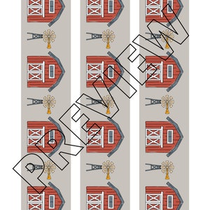 May include: Three vertical stripes of a repeating pattern of red barns with white windows and a yellow windmill on a gray background.