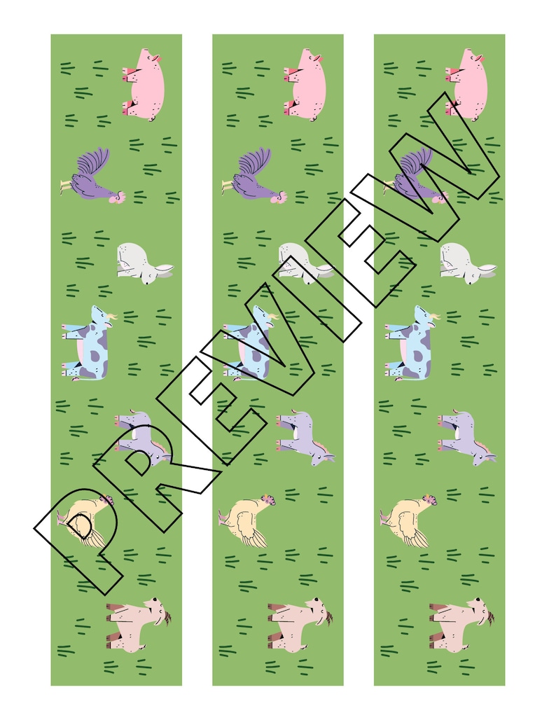 May include: Three vertical strips of green fabric with a repeating pattern of farm animals. The animals include a pink pig, a purple chicken, a gray sheep, a blue cow, a purple donkey, a yellow chicken, and a brown goat.