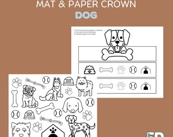 Printable Dog Coloring Sheet Placemat and Paper Crown, Digital Download Dog Birthday Craft