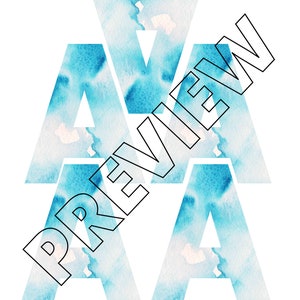 May include: Three watercolor letters, each in the shape of the letter "A", are stacked on top of each other. The letters are painted in shades of blue and white, creating a watercolor effect.
