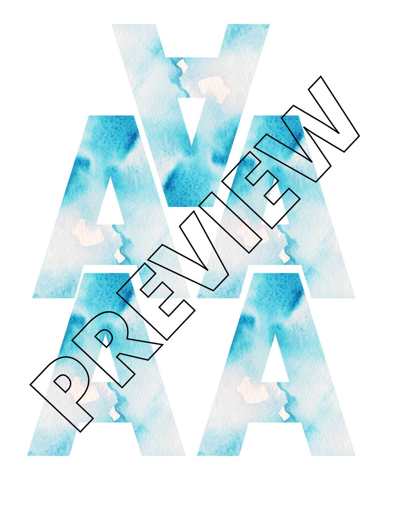 May include: Three watercolor letters, each in the shape of the letter "A", are stacked on top of each other. The letters are painted in shades of blue and white, creating a watercolor effect.