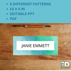 May include: A digital download of 5 different printable patterns for quilting. The patterns are 10 inches by 4 inches and are available in both PDF and editable PowerPoint formats. The image shows a wooden table with a pencil and a watercolor-style background with the text "Janie Emmett" and the logo "FD FIOS DESIGNS".
