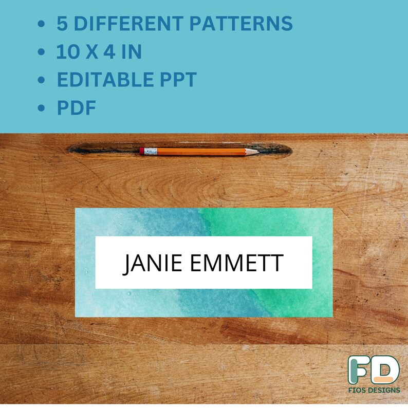 May include: A digital download of 5 different printable patterns for quilting. The patterns are 10 inches by 4 inches and are available in both PDF and editable PowerPoint formats. The image shows a wooden table with a pencil and a watercolor-style background with the text "Janie Emmett" and the logo "FD FIOS DESIGNS".