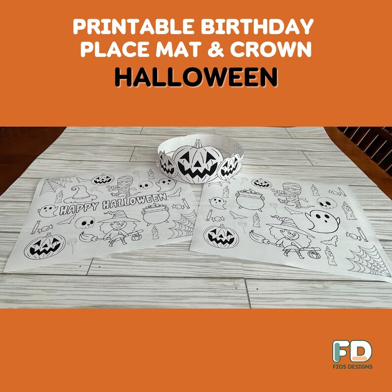 Printable Halloween Coloring Sheet Placemat and Paper Crown, Digital