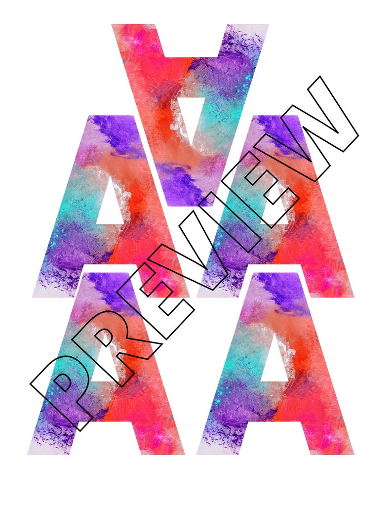 May include: Four white letters, "AAAA", are layered on top of each other. Each letter is filled with a colorful abstract design featuring shades of pink, orange, purple, and blue.