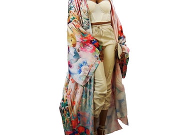 Kimono Cardigan (Open Front) | Floor Length Long Kimono Robe | Satin Silk Jacket | Swimsuit Cover up or Loungewear | Pale Pink - FLOWER GIRL