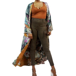 Kimono Cardigan (Open Front)| Floor Length Long Kimono Robe | Satin Silk Jacket | Swimsuit Cover up or Loungewear | Grey/Brown- KYOTO GARDEN