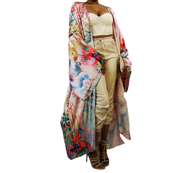 Kimono-Strickjacke (offene Vorderseite) | Bodenlange Lange Kimono Robe | Satin-Seidenjacke | Badeanzug Cover up oder Loungewear | Zartrosa - BLUMENMÄDCHEN