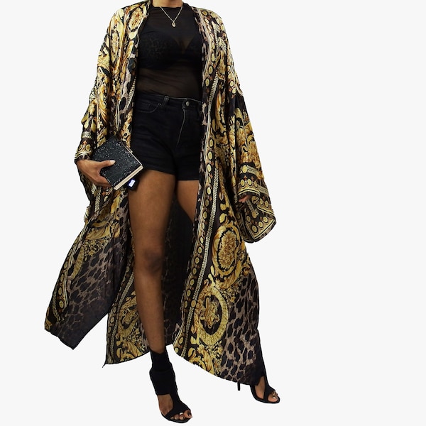 Kimono Cardigan (Open Front)| Floor Length Long Kimono Robe | Satin Silk Jacket | Swimsuit Cover up or Loungewear | Black/Gold- LUXE LEOPARD