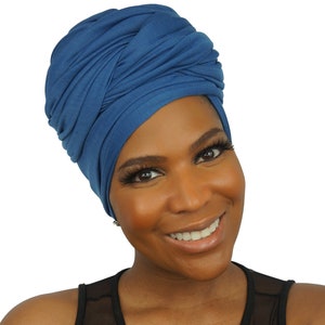 HEAD WRAPS for Women Denim BLUE Stretch Jersey Knit Cotton Hijab Natural Hair Locs Scarf African Headwraps by The Urban Turbanista image 5