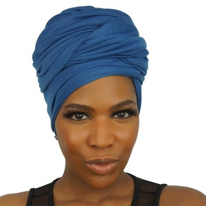 HEAD WRAPS for Women Denim BLUE Stretch Jersey Knit Cotton Hijab Natural Hair Locs Scarf African Headwraps by The Urban Turbanista image 3