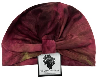 PRE-TIED TURBAN Head Wrap | Burgundy Tie Dye Color | Premium Headwrap Cap | Natural Hair and Locs | African Hair Wrap | The Urban Turbanista