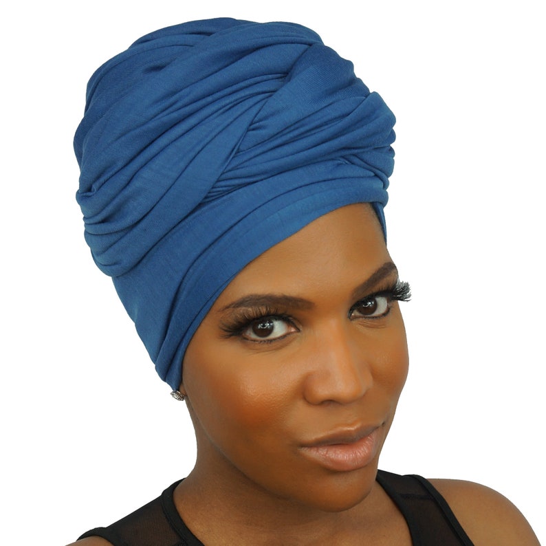 HEAD WRAPS for Women Denim BLUE Stretch Jersey Knit Cotton Hijab Natural Hair Locs Scarf African Headwraps by The Urban Turbanista image 1