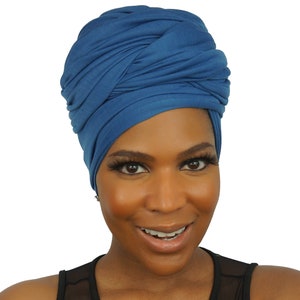 HEAD WRAPS for Women Denim BLUE Stretch Jersey Knit Cotton Hijab Natural Hair Locs Scarf African Headwraps by The Urban Turbanista image 4